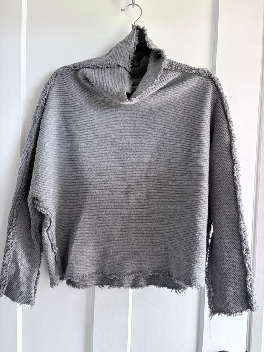 Relaxed Gray Distressed Turtleneck Sweater